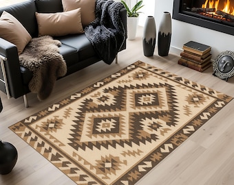 Brązowy dywan w stylu południowo-zachodnim, neutralny geometryczny kilim, wystrój w stylu boho tribal