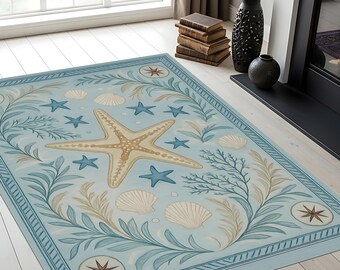 Coastal Starfish Area Rug: Nautical Ocean Coral Pattern, Non-Slip Washable Carpet, Sea-themed carpet
