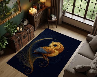 Golden Owl Rug – Mystical Night Bird Carpet, Dark Blue Starry Sky Area Rug, Unique Boho Modern Home Decor with Enchanted Owl Design