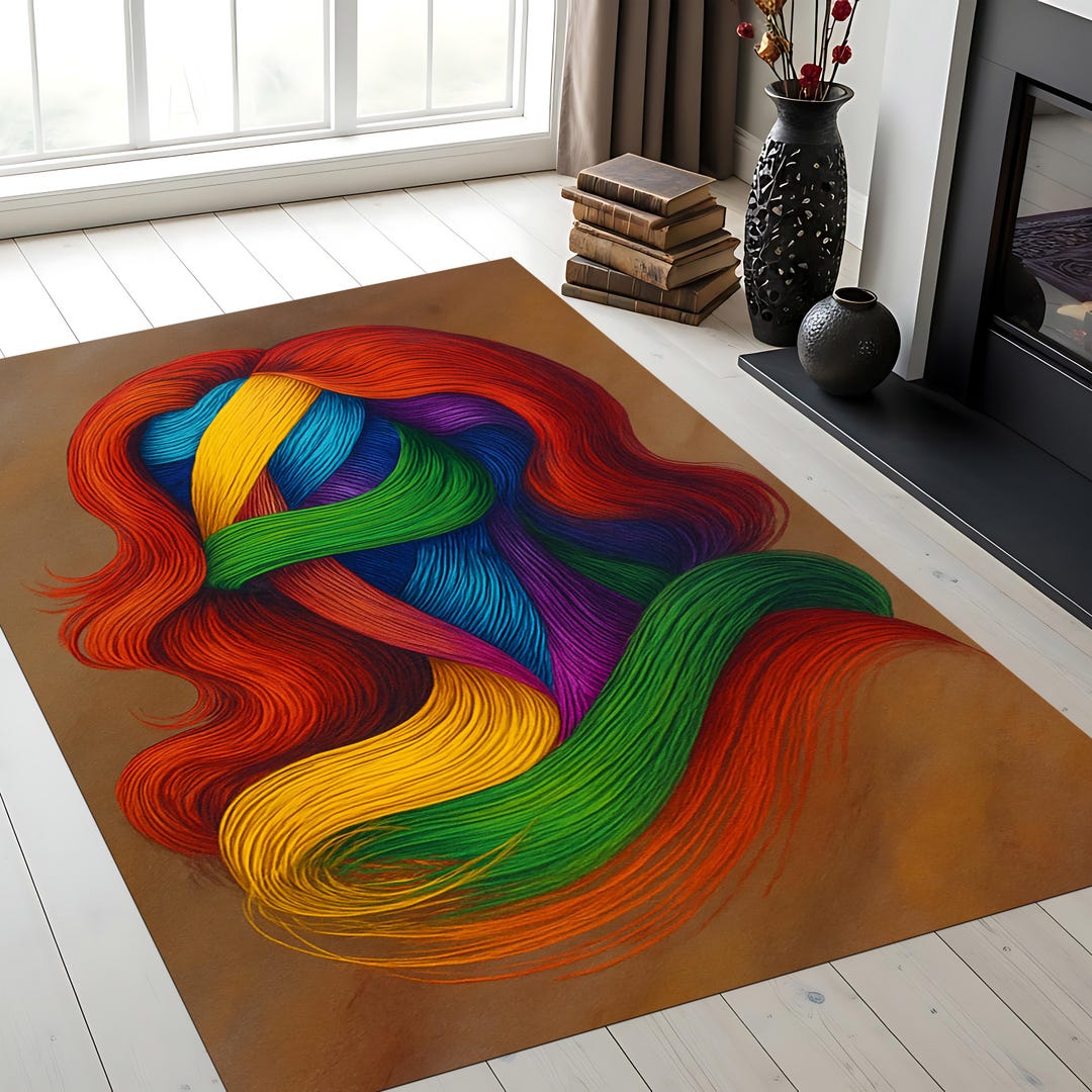Colorful Abstract Hair Flow Rug – Modern Rainbow Art Carpet for Living ...