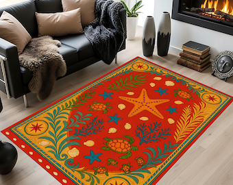 Red Ocean Starfish Rug – Coastal Nautical Non-Slip Carpet