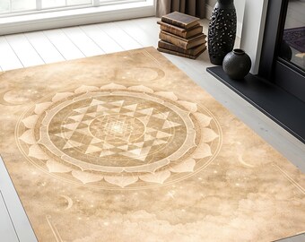 Beige Mandala Area Rug, Sacred Geometry, Boho Living Room Decor