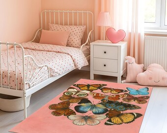 Butterfly Rug – Pink Background Colorful Butterfly Carpet, Whimsical Nature Inspired Area Rug, Boho Home Decor