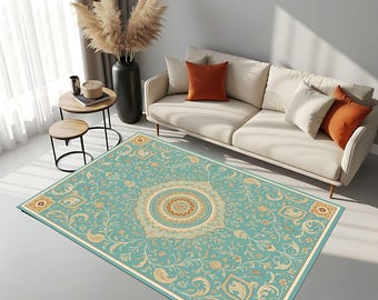 Könnte beinhalten: Ein rechteckiger türkisfarbener Teppich mit einem komplizierten Blumen- und Paisley-Design. Der Teppich hat ein zentrales Medaillon und Bordüren in Beige- und Brauntönen. Der Teppich befindet sich in einem Wohnzimmer mit Sofa und Beistelltischen.