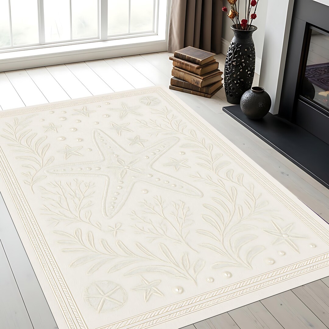 Seashell Area Rug Coastal Starfish Seashell Area Rug: Beige Beach Style, Non-slip - Etsy