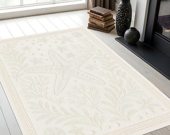 Coastal Starfish Seashell Area Rug: Beige Beach Style, Non-Slip
