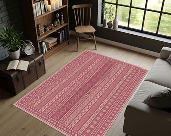 Boho Striped Area Rug – Pink Tribal Kilim Style, Washable