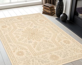 Beige blommig matta – Neutral bohemisk vardagsrumsmatta