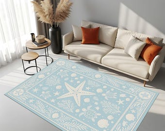Coastal Starfish Rug – Nautical Beach House Decor, Washable Carpet