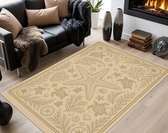 Coastal Starfish Seashell Rug, Nautical Ocean Home Decor