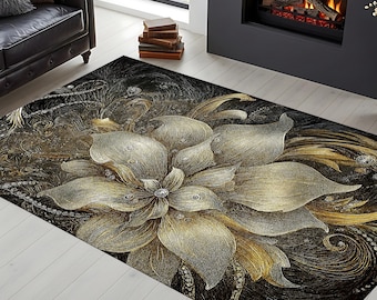 Tappeto floreale nero e oro, lussuoso tappeto astratto con fiori, elegante complemento d'arredo.