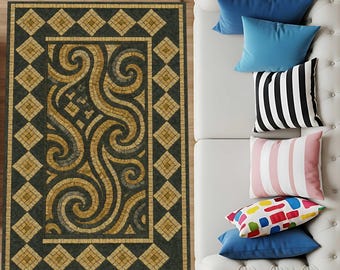 Tappeto vintage con motivo a mosaico, tappeto tribale geometrico, tappeto nei toni della terra, arredamento boho per soggiorno, tappeto astratto a spirale