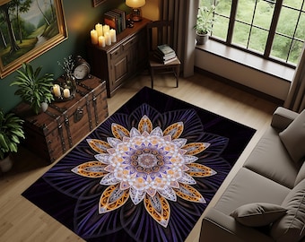 Mandala Flower Rug, Bohemian Lotus Design, Washable Carpet