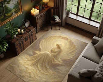 Golden Angel Area Rug, Ethereal Fantasy Art, Washable Floor Mat