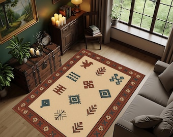 Alfombra con motivos turcos, diseño anatolio, decoración oriental.