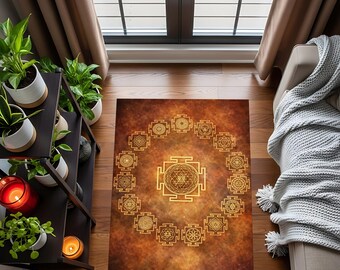 Golden Mandala Area Rug, Sacred Geometry, Boho Home Decor