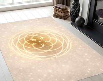 Tappeto con mandala dorato, tappeto geometrico beige, lavabile