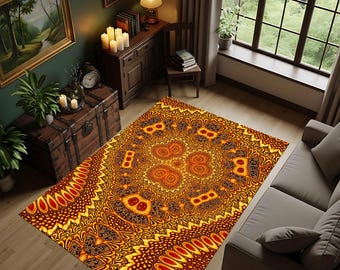 Mandala Rug – Gold & Amber Anatolian Pattern Carpet for Living Room Home Decor