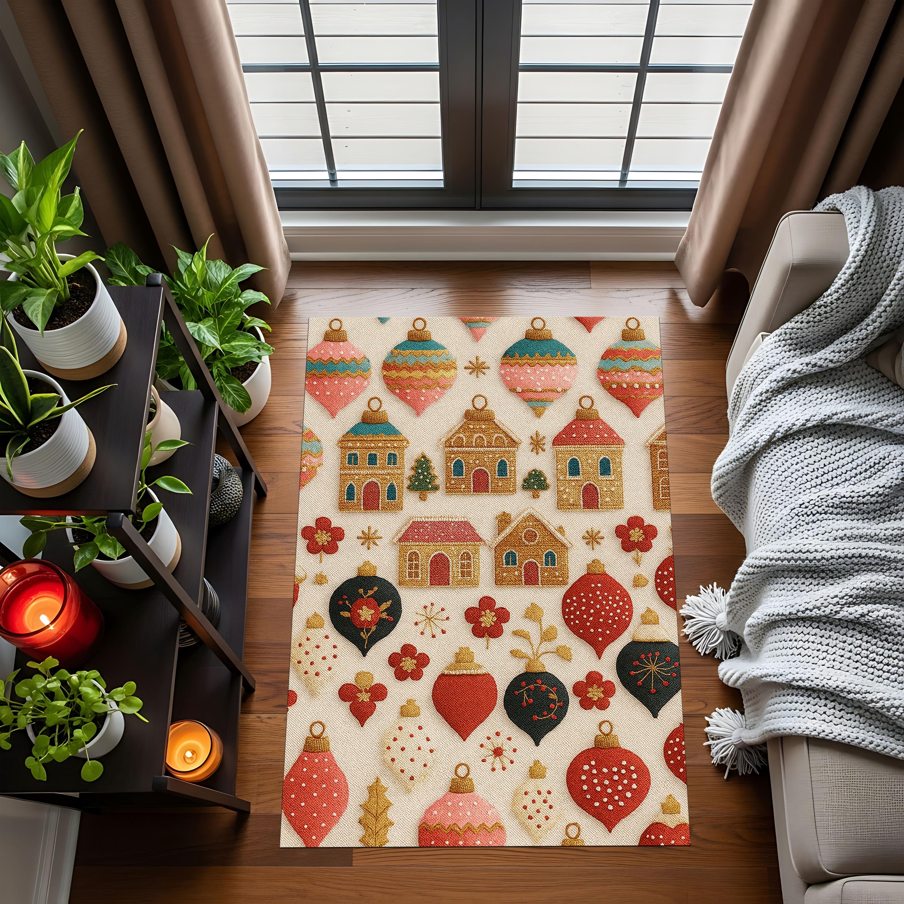 Gingerbread Christmas Rug With Ornaments, Holiday Village Pattern Area ...