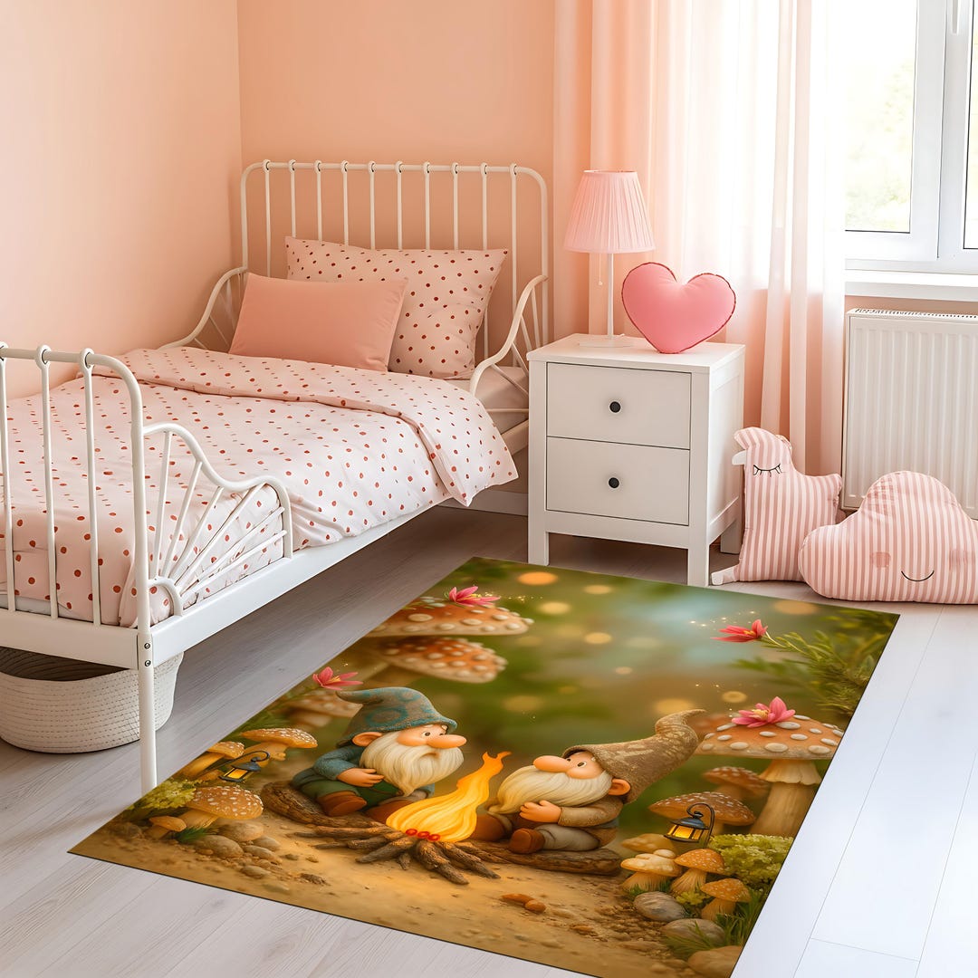 Whimsical Gnome Rug – Cozy Forest Dwarf Carpet With Mushrooms, Fairy ...