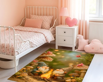 Whimsical Gnome Rug – Cozy Forest Dwarf Carpet with Mushrooms, Fairy Tale Fantasy Kids Room Decor, Cute Boho Cottagecore Area Rug