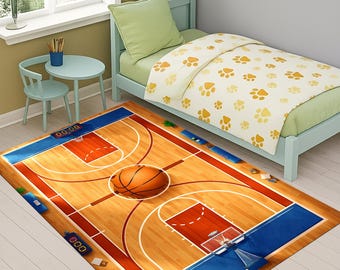Basketball Court Rug, Sports Theme Area Carpet, 3D Basketball Floor Rug, Game Room Decor, Athletic Bedroom Rug for Kids and Teens