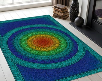 Colorful Mandala Rug: Bohemian Rainbow Circular Carpet, Washable Living Room Decor