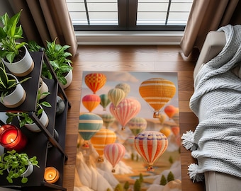 Hot Air Balloon Rug – Colorful Cappadocia Inspired Carpet, Whimsical Sky Adventure Area Rug, Unique Travel Themed Boho Modern Home Decor