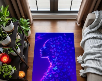 Neon Woman Silhouette Rug, Purple Glow Butterfly Carpet