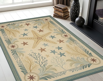 Coastal Starfish Area Rug: Beach House Decor, Non-Slip Washable Carpet