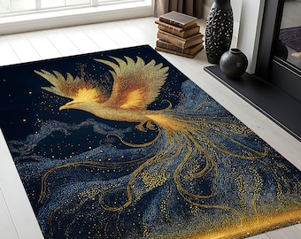 Phoenix Rug – Golden Fire Bird Carpet, Mystical Anka Kuşu Design, Celestial Dark Blue Area Rug, Unique Boho Modern Mythical Home Decor