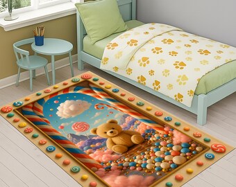Pastel Teddy Bear Candy Land Nursery Rug, Kids Playroom Mat, Soft Toddler Bedroom Carpet