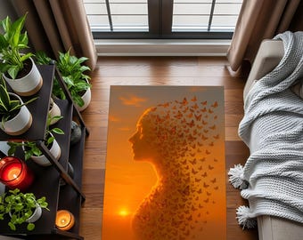Sunset Woman Butterfly Rug, Abstract Orange Modern Art Carpet