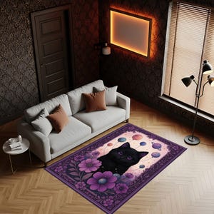 Galaxy Cat Rug – Purple Black Cat Carpet with Planets & Flowers, Cosmic Boho Decor for Bedroom or Living Room