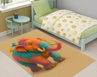 Colorful Elephant Kids Rug, Rainbow Animal Nursery Decor, Baby Room Carpet