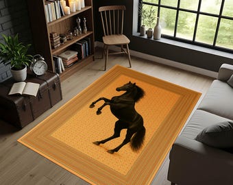 Tappeto con cavallo nero, tappeto con maestoso stallone, tappeto con animali equestri, arredamento rustico da fattoria, tappeto di grande impatto per soggiorno in stile western