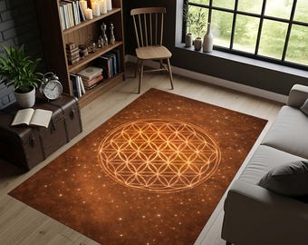 May include: A rectangular area rug with a warm, earthy color palette. The rug features a large, glowing geometric design in the center, resembling the Flower of Life. The background has a speckled pattern, creating a starry effect. The rug is placed on a wooden floor.