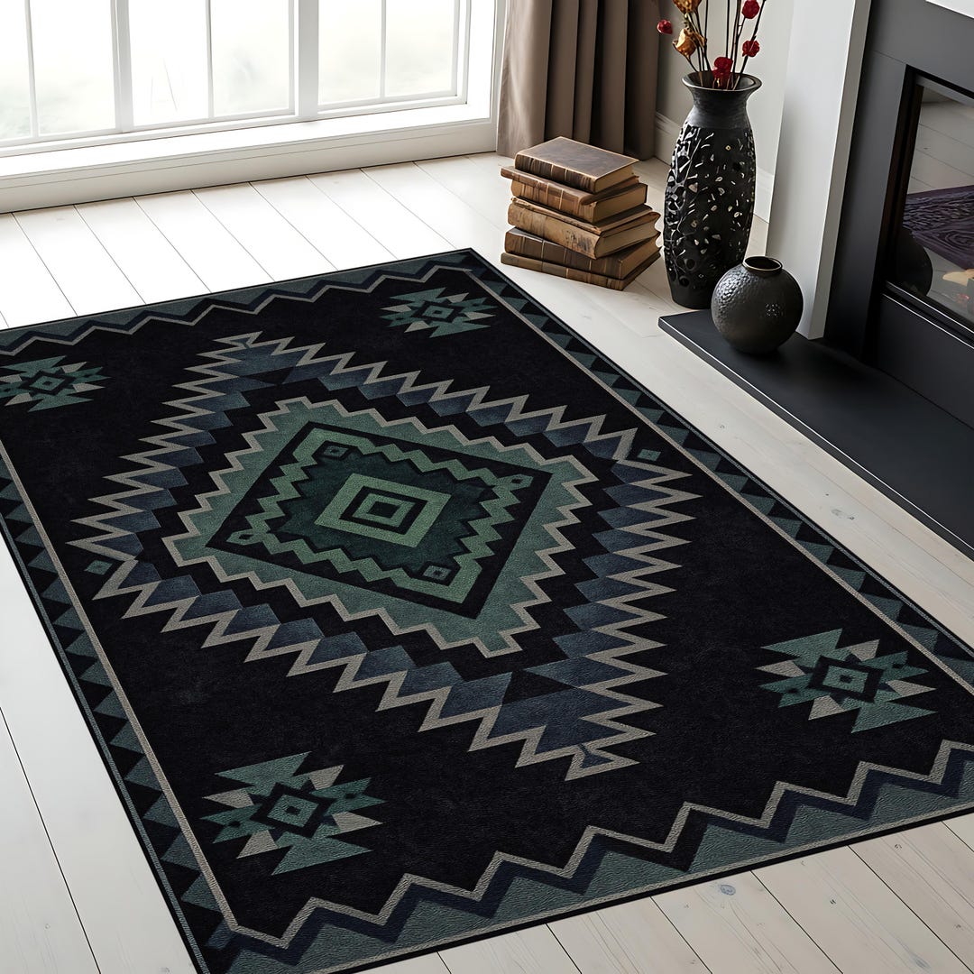 Black Aztec Area Rug, Moody Geometric Design, Washable Tribal Floor ...