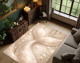 Tappeto a forma di coda di sirena, stile costiero neutro, lavabile, ideale per l'arredamento di casa.