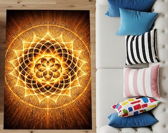 Mandala Glow Rug, Sacred Geometry Carpet, Spiritual Meditation, Boho Yoga Decor