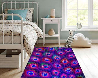 Neon Peacock Feather Rug – Colorful Boho Carpet with Vibrant Feather Pattern, Psychedelic Area Rug, Unique Exotic Home Decor