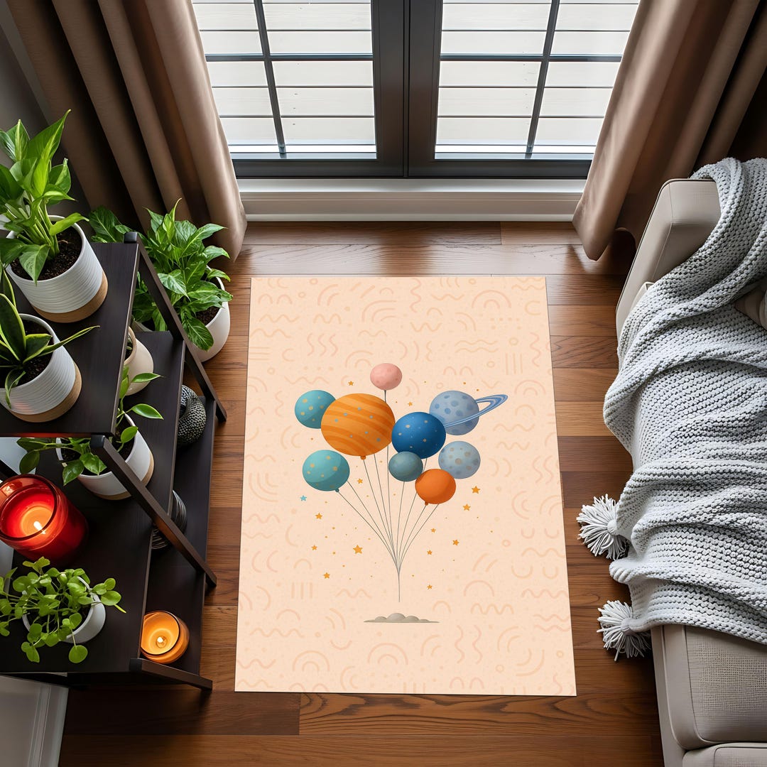 Planet Balloon Kids Rug – Pastel Space Theme Playroom Carpet, Nursery ...