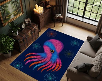 Tappeto colorato a forma di polpo: vivace tappeto con creature marine, moderno tappeto nautico con design ispirato all'oceano, esclusivo arredamento boho sottomarino per la casa