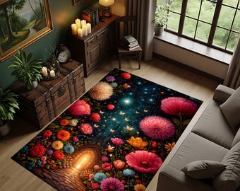 Enchanted Garden Rug, Floral Fantasy, Celestial Botanical Art