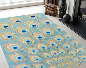 Blue Peacock Feather Rug, Elegant Boho Chic Carpet, Modern Turquoise Area Rug, Stylish Floor Decor,Boho Chic Rug