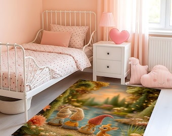 Whimsical Forest Gnome Rug, Deer, Cozy Kids Room Decor