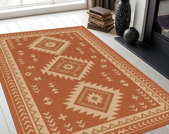 Terracotta Southwestern Rug – Washable Aztec Tribal Area Carpet