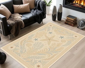 Coastal Starfish Seashell Area Rug: Nautical Ocean Home Decor