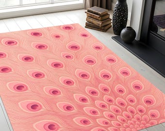Pink Peacock Feather Rug – Elegant Pastel Carpet with Delicate Feather Pattern, Boho Chic Area Rug, Romantic Soft Pink Home Decor
