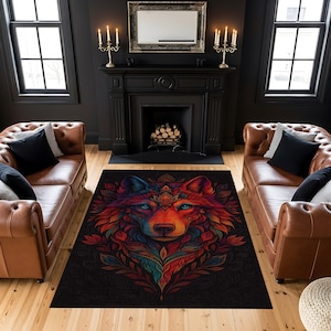 Vibrant Wolf Rug – Colorful Tribal Animal Carpet for Living Room, Boho Décor, and Statement Interiors